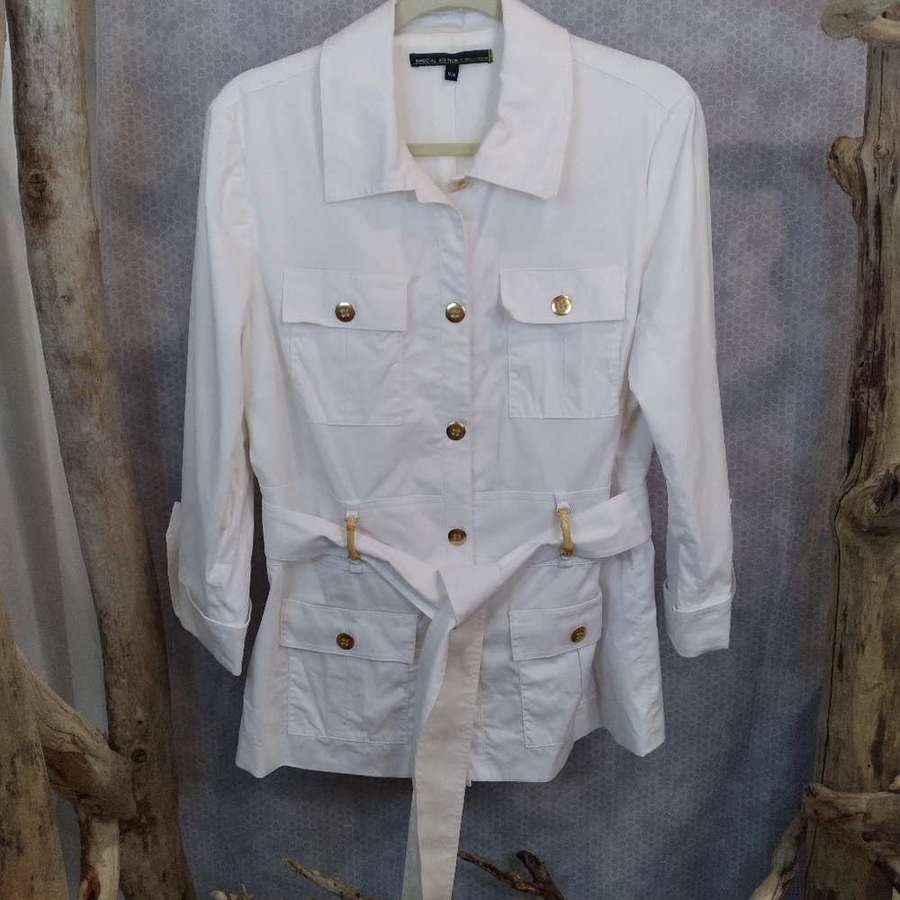 white w/ gold details utility style belted button up lined jacket